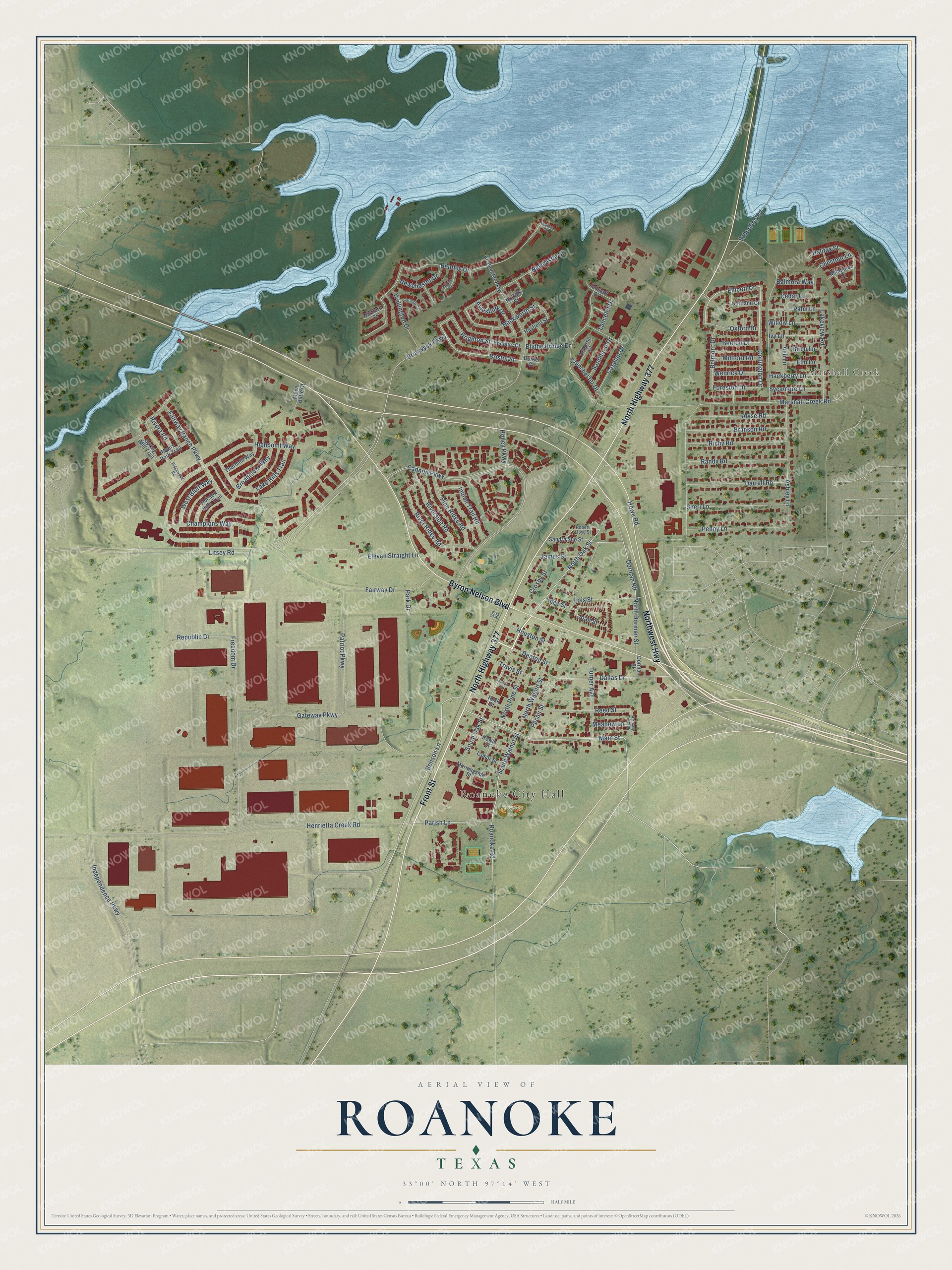 Watermarked full-map preview of Roanoke, Texas