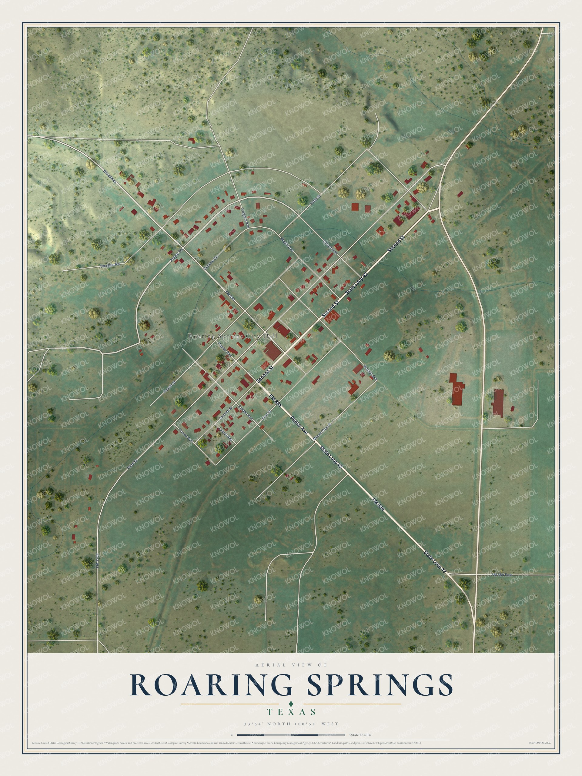 Watermarked full-map preview of Roaring Springs, Texas