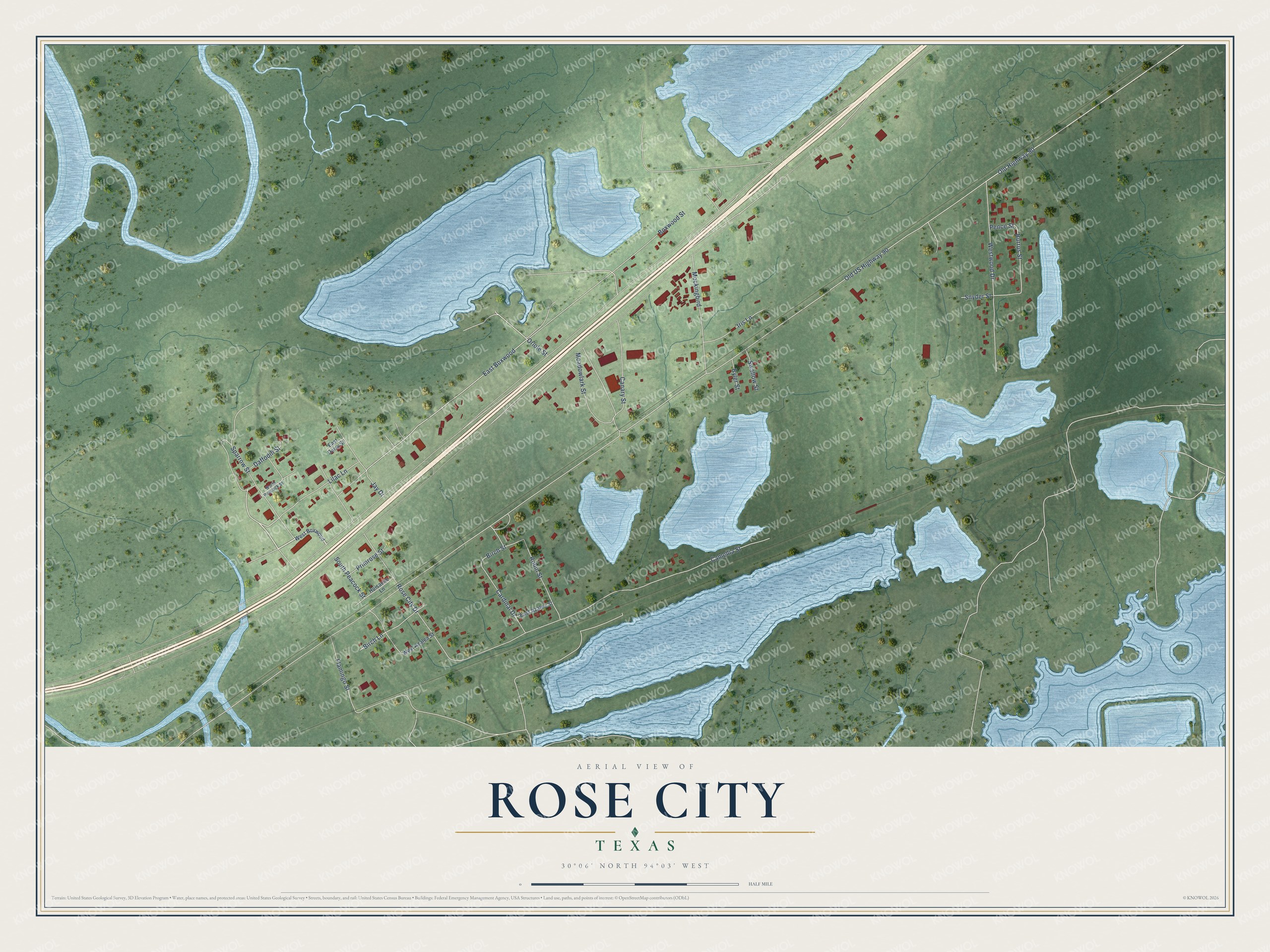 Watermarked full-map preview of Rose City, Texas
