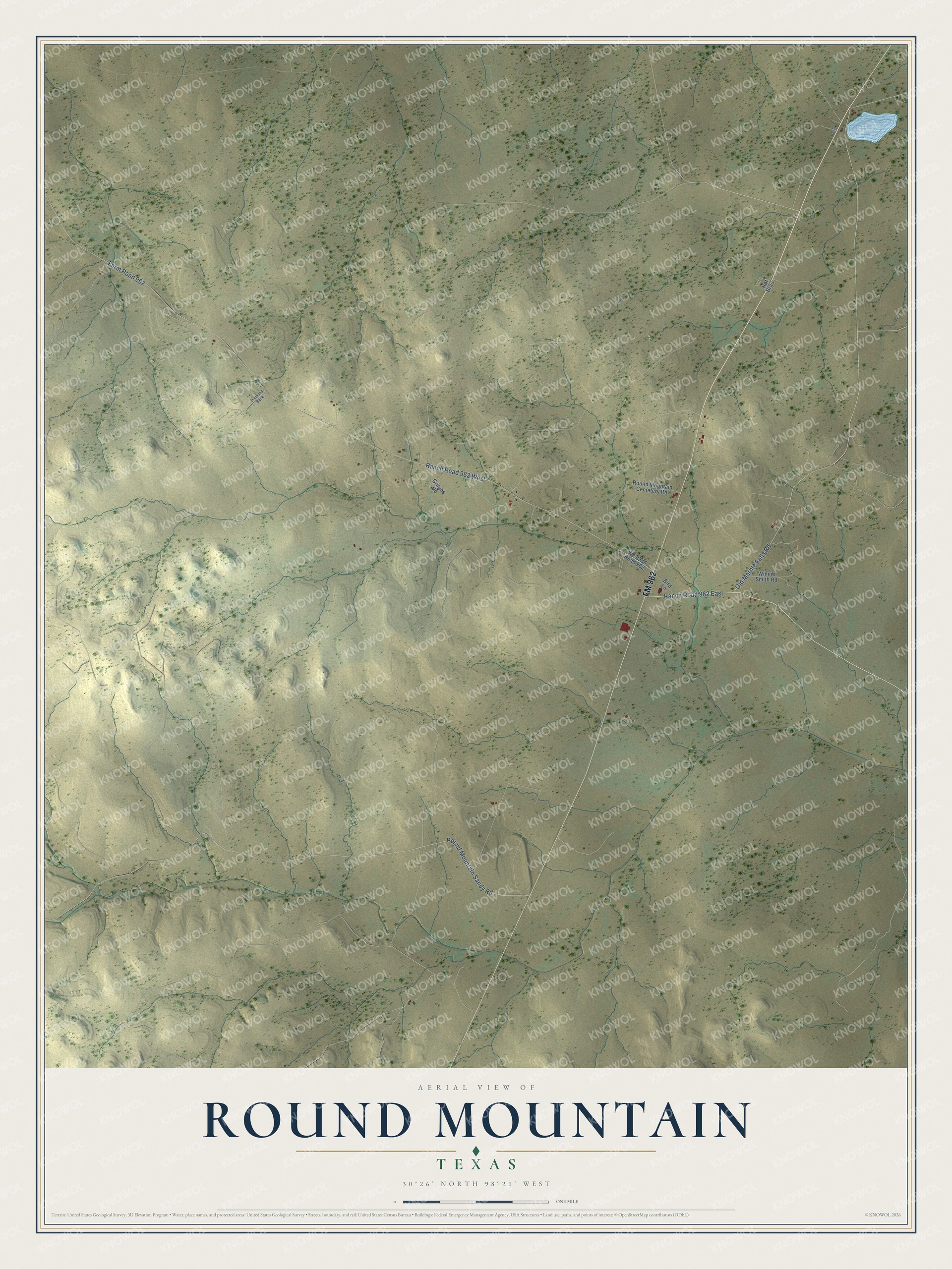 Watermarked full-map preview of Round Mountain, Texas