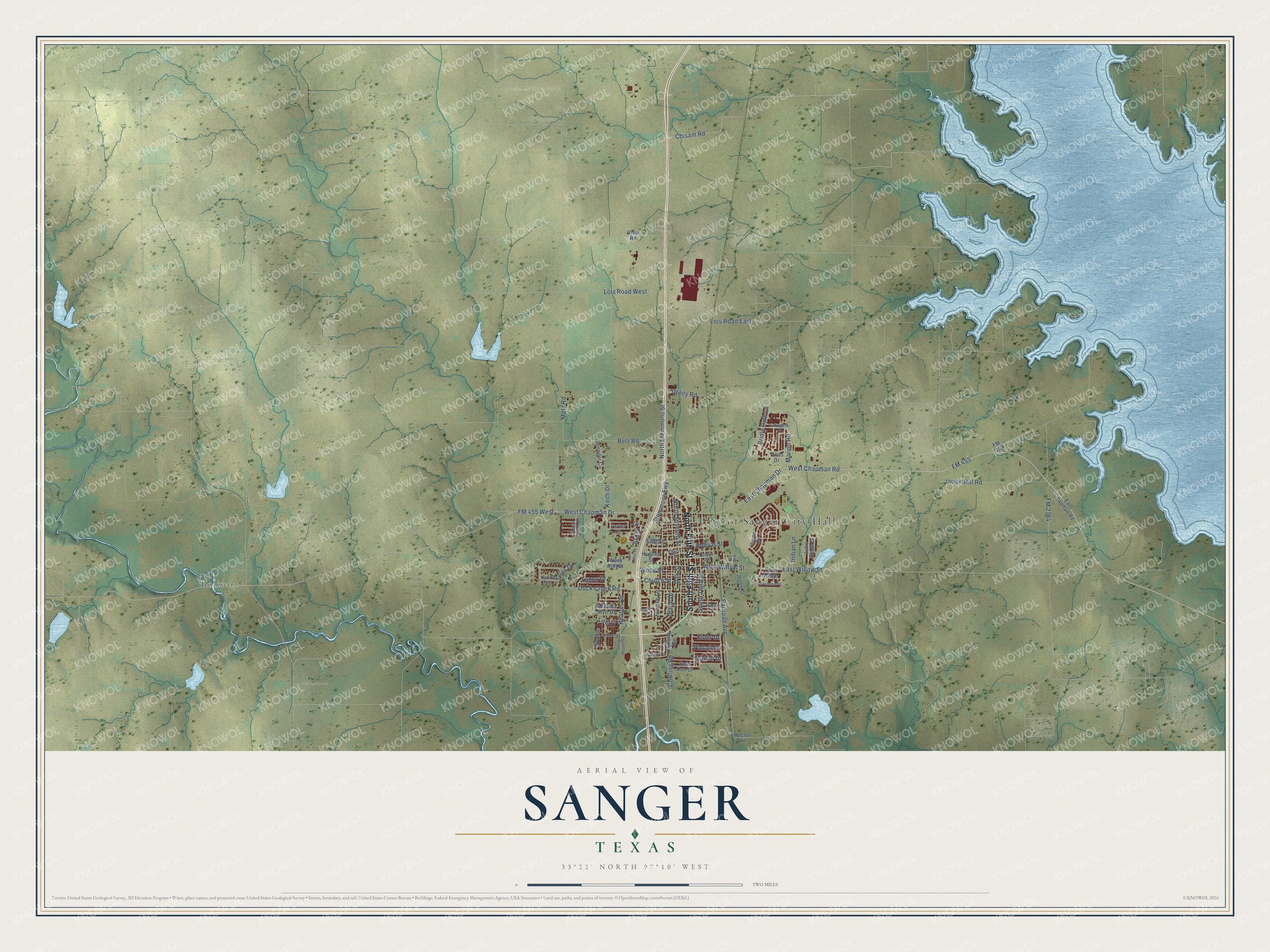 Watermarked full-map preview of Sanger, Texas