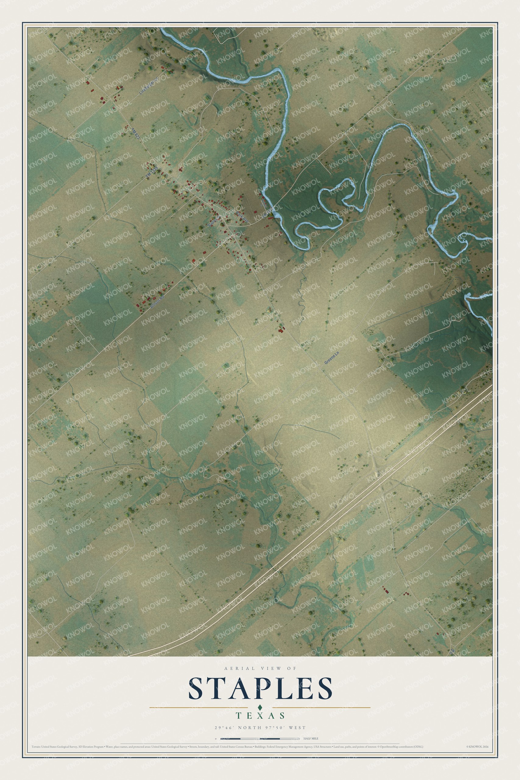 Watermarked full-map preview of Staples, Texas