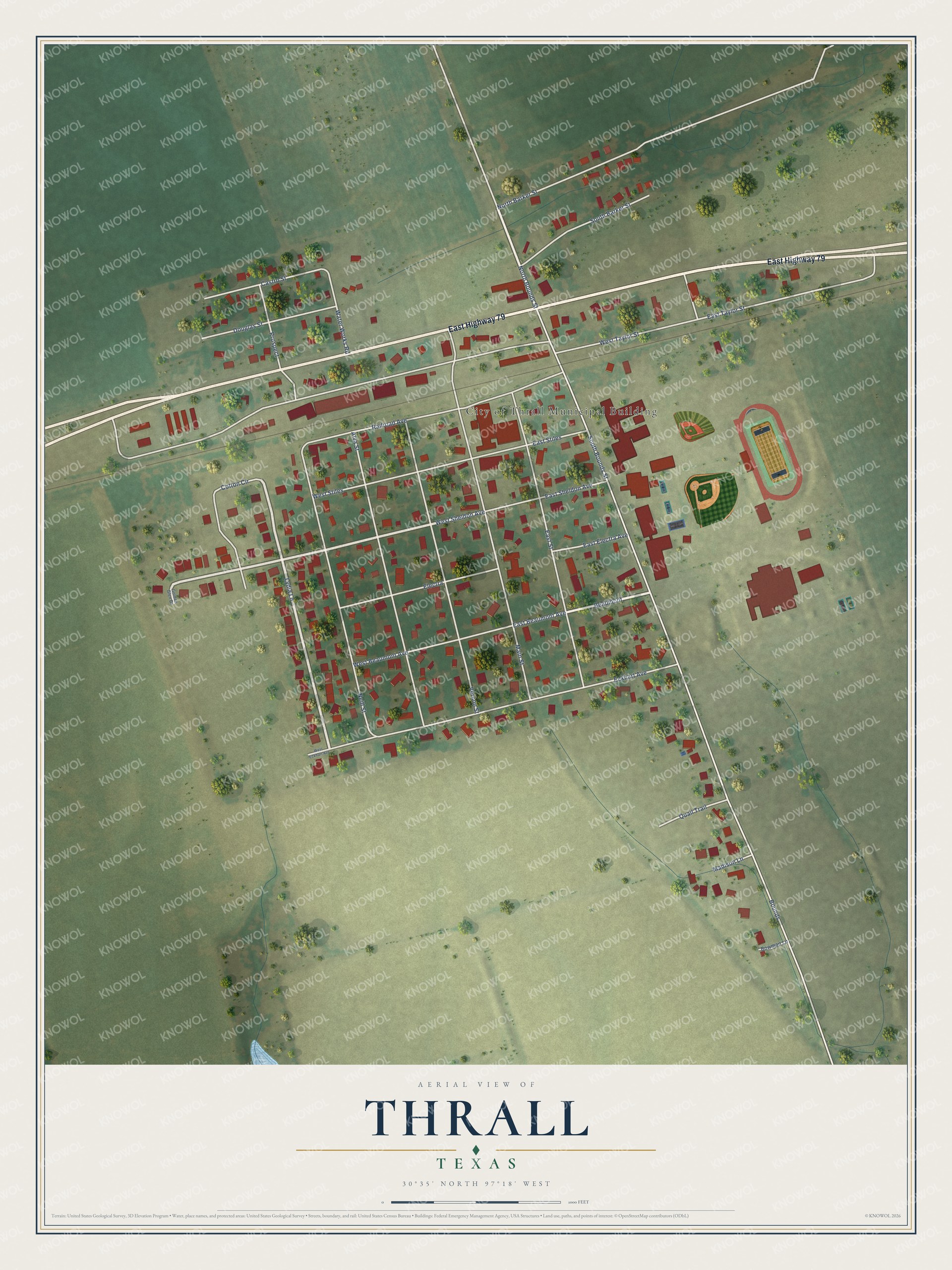 Watermarked full-map preview of Thrall, Texas