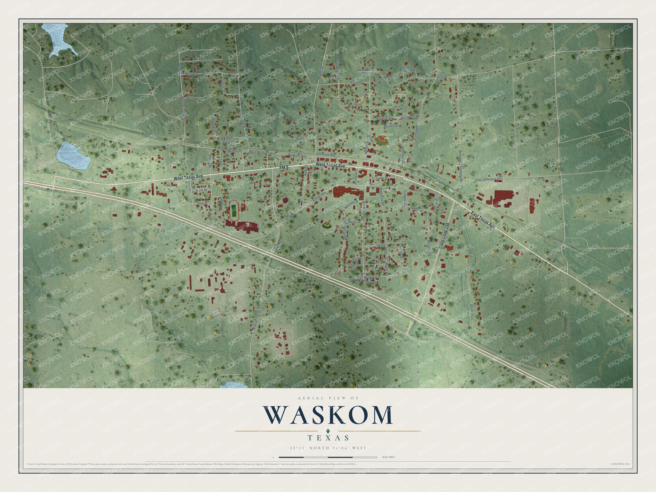 Watermarked full-map preview of Waskom, Texas