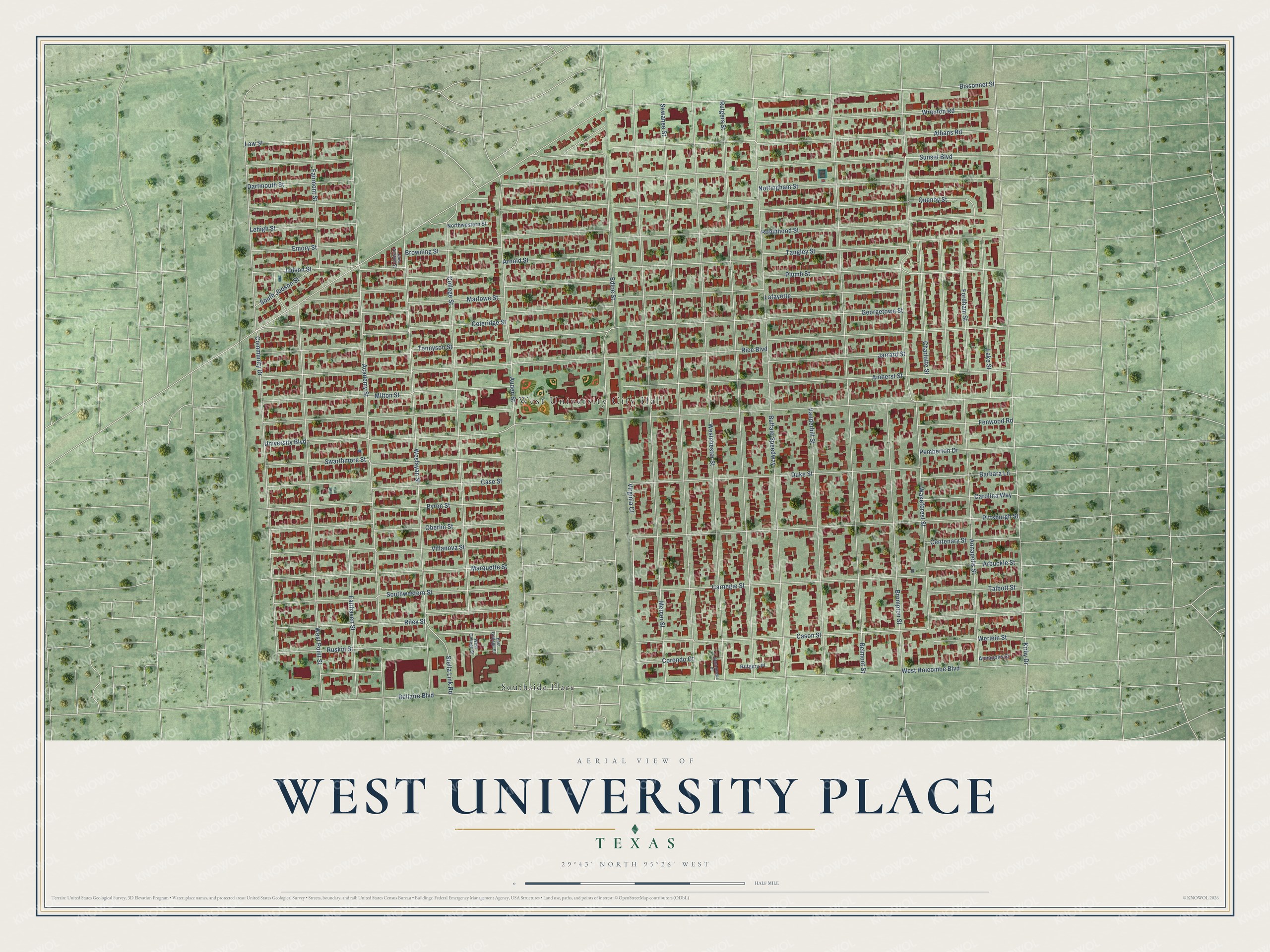 Watermarked full-map preview of West University Place, Texas