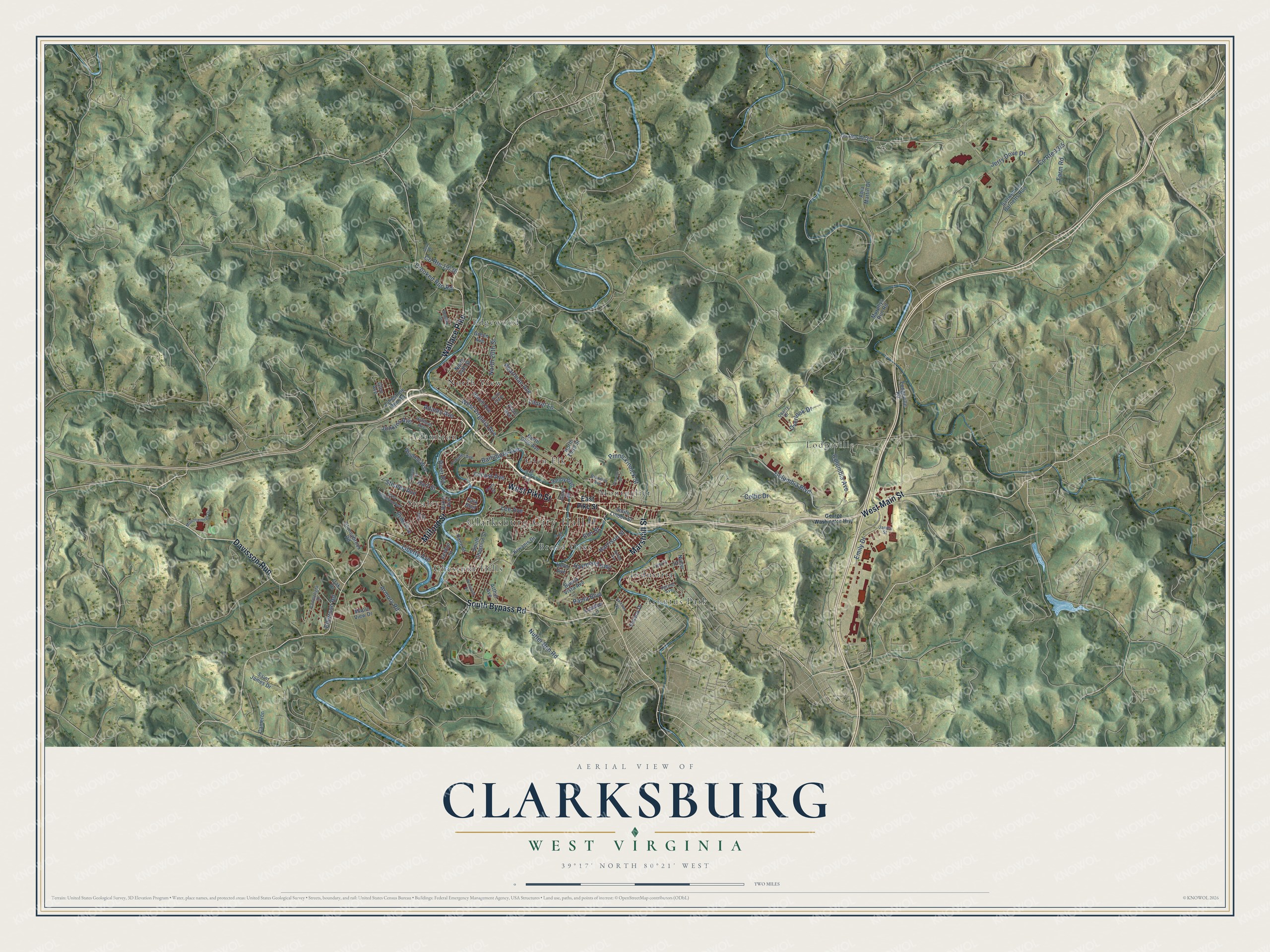 Watermarked full-map preview of Clarksburg, West Virginia