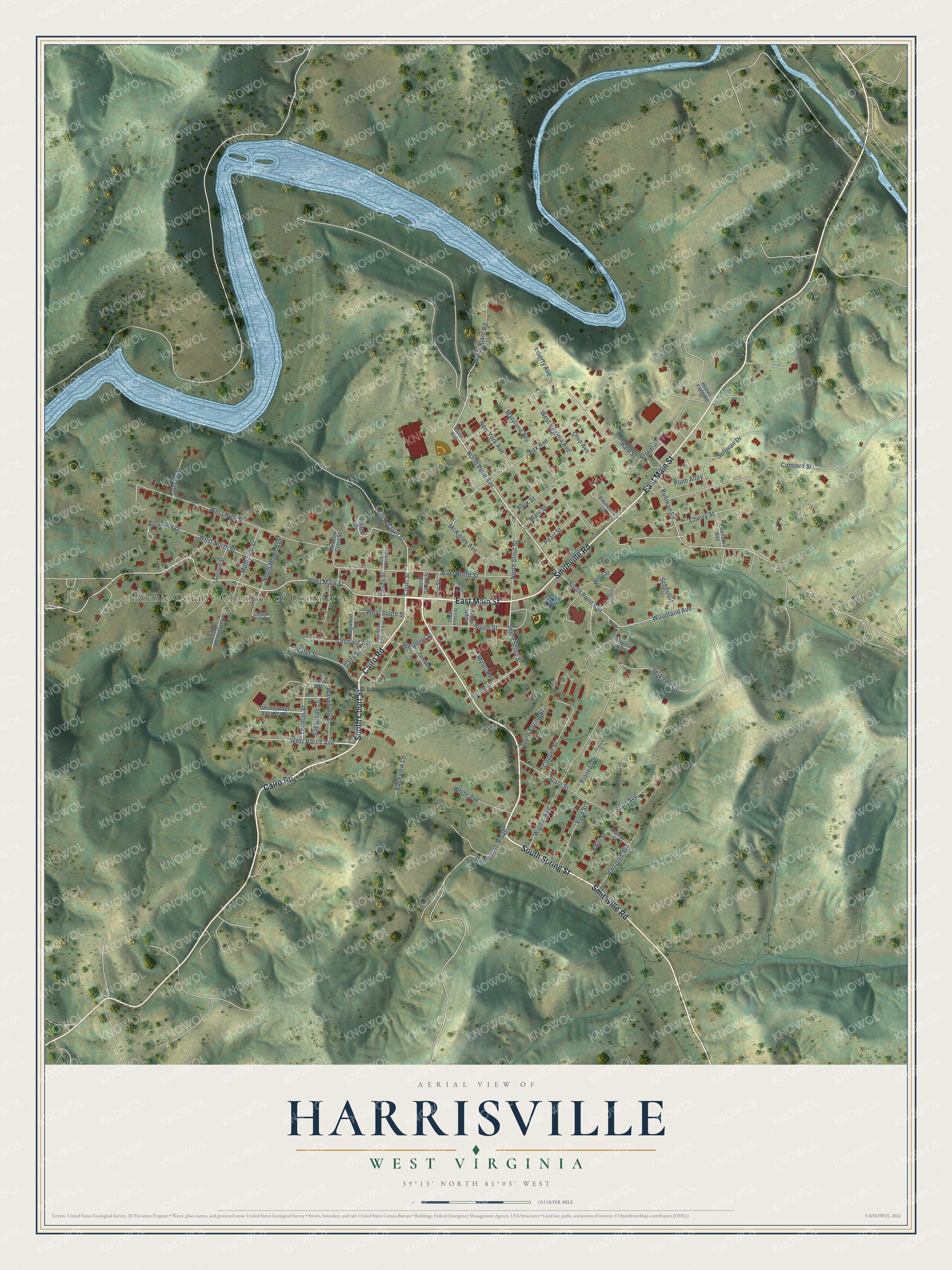 Watermarked full-map preview of Harrisville, West Virginia