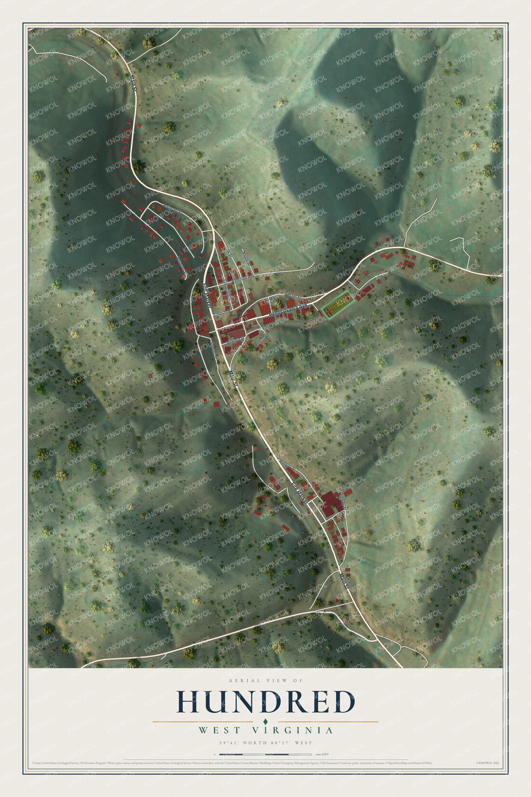 Watermarked full-map preview of Hundred, West Virginia