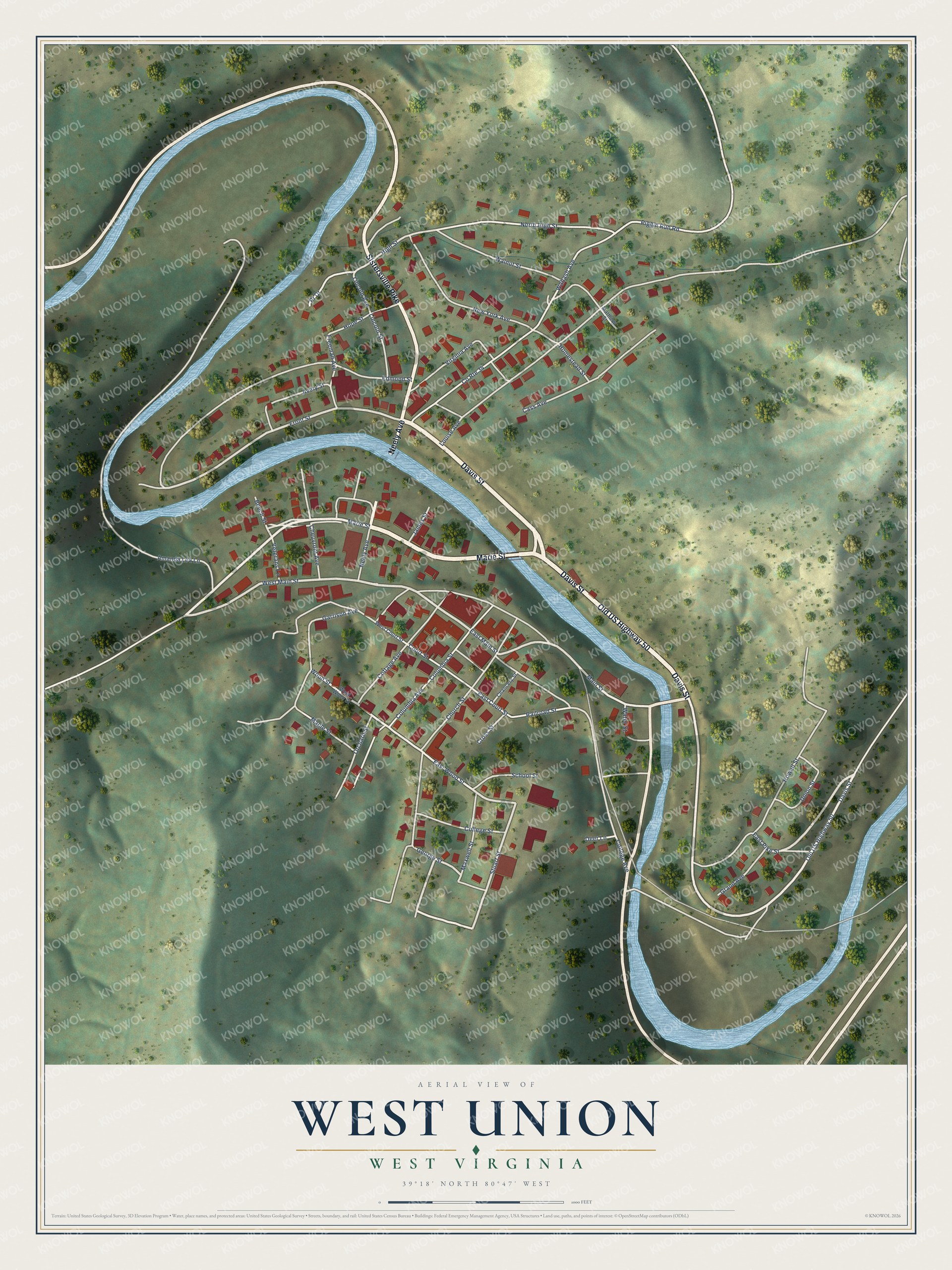 Watermarked full-map preview of West Union, West Virginia