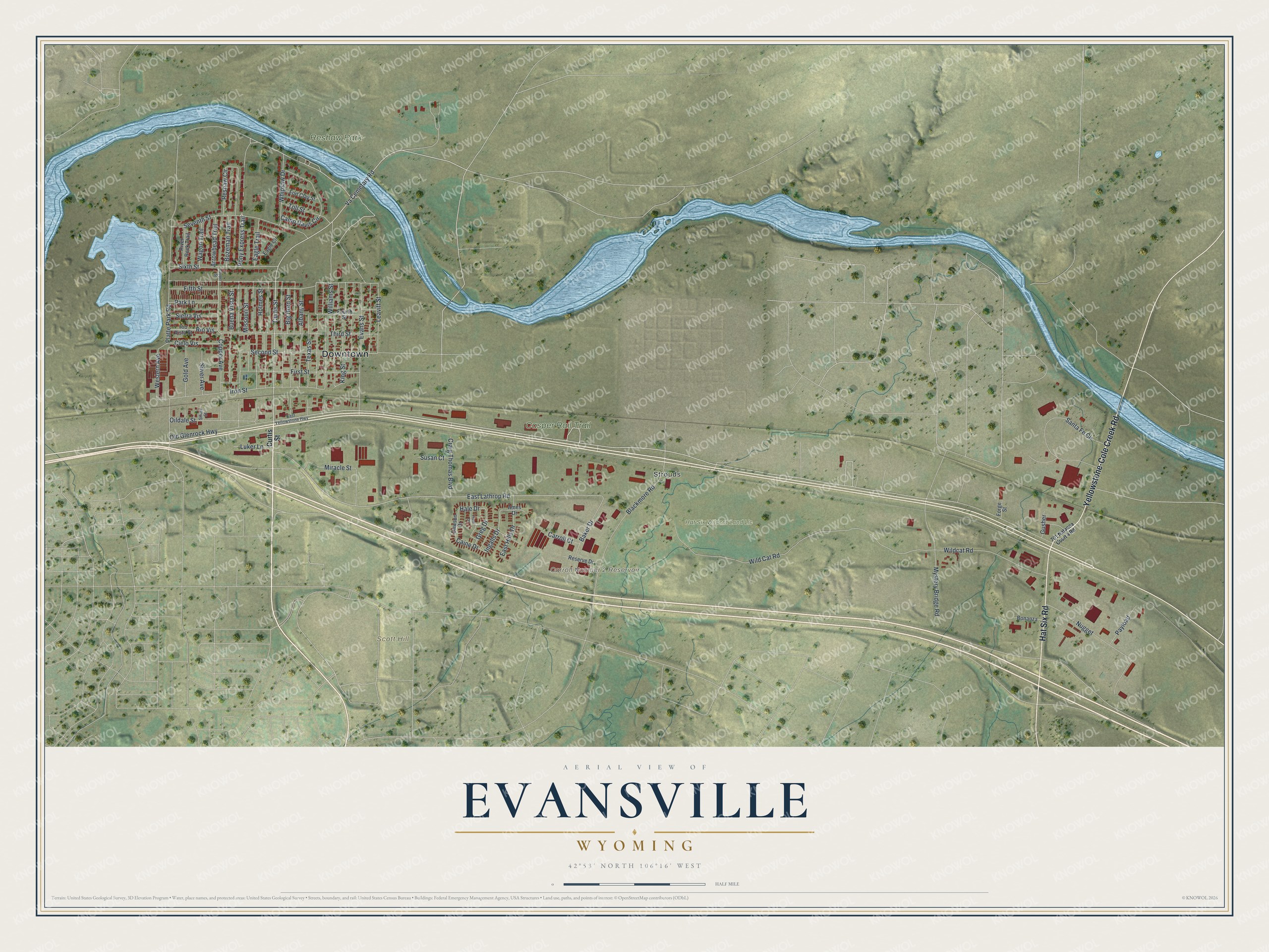 Watermarked full-map preview of Evansville, Wyoming