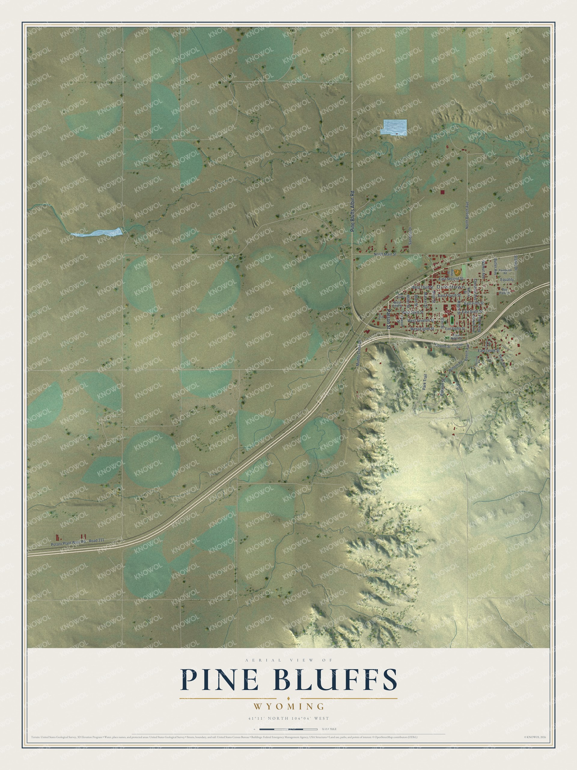 Watermarked full-map preview of Pine Bluffs, Wyoming